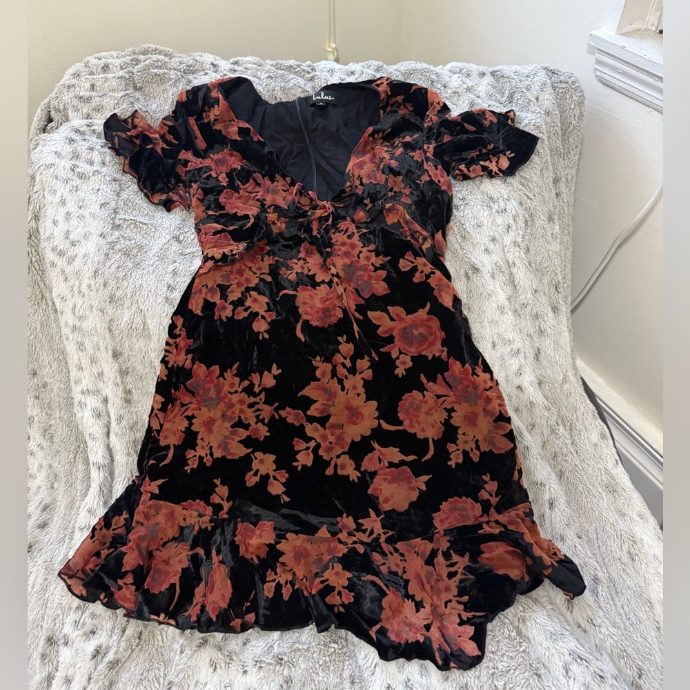 Lulu's Orange and Pink V-Neck Puff Sleeve Mini Dress